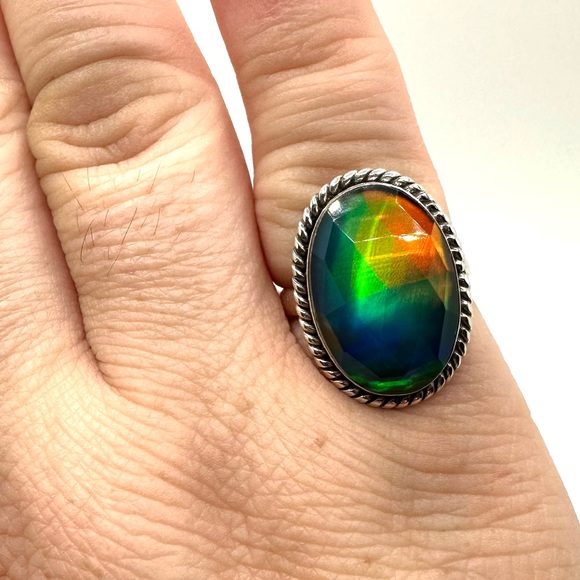 Aurora Opal Sterling Silver 925 Faceted Ring Handmade Size 7 Iridescent - Picture 9 of 9